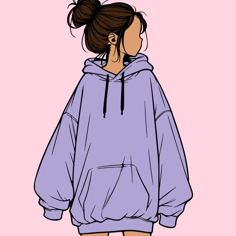 realistic girl with a oversized sweatshirt on and a bun