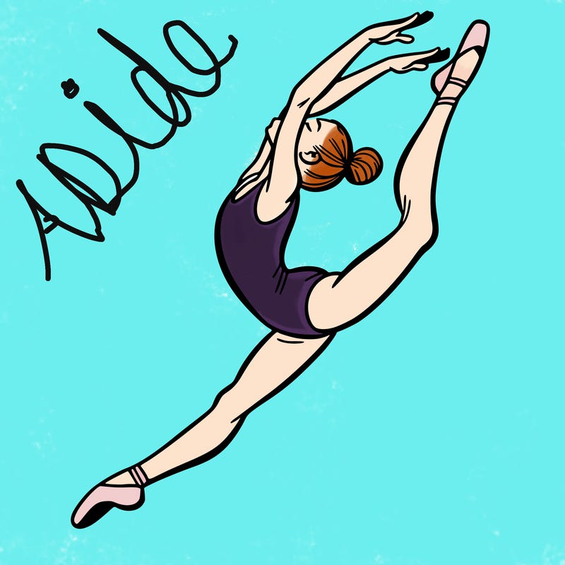 gymnast doing a leap in a leotard with a bent back leg