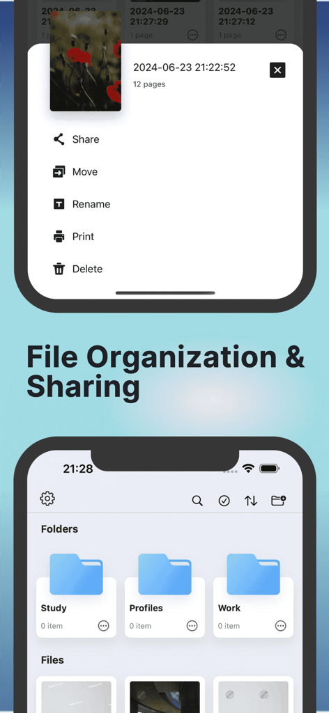 WatermarkX - Markup photos app - Interfaz de la aplicación WatermarkX mostrando carpetas de organización de archivos y opciones para compartir documentos para profesionales móviles.