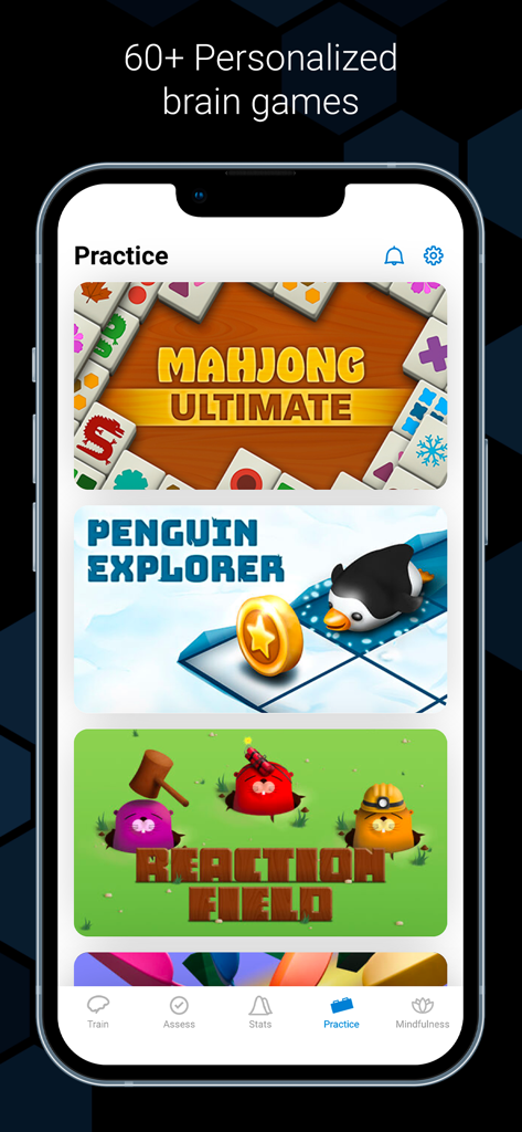 Una interfaz móvil de la aplicación CogniFit que muestra varios juegos cerebrales personalizados como Mahjong y Penguin Explorer.