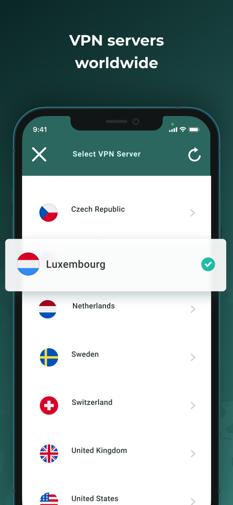 Neon VPN app interface showing a list of worldwide server locations with Luxembourg selected