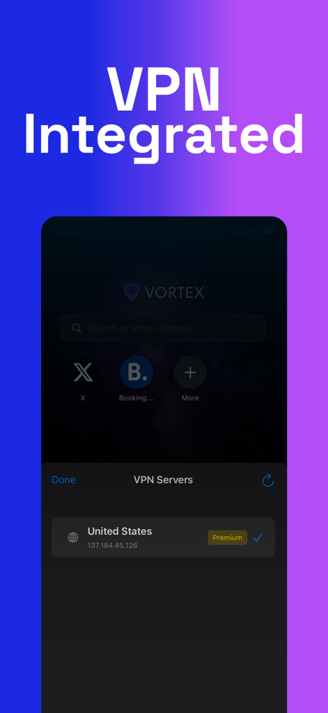 Vortex Browser: VPN Browser - Vortex Browser app interface showing integrated VPN feature with a United States server selection