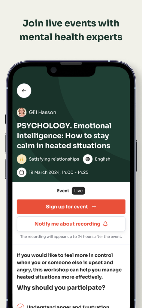 Mindgram - Mindgram app screen showing a live event registration page for an emotional intelligence workshop with a mental health expert.