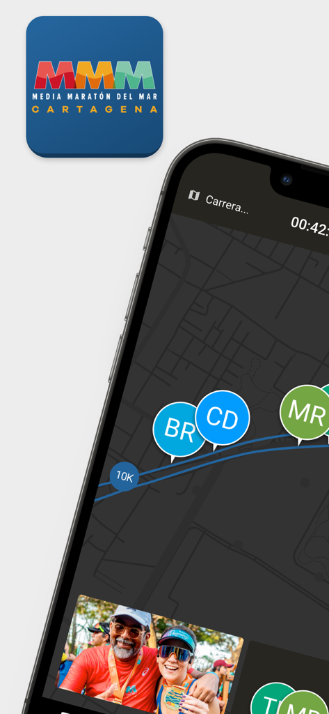 Media Maraton del Mar app showing live runner tracking on a map and a collaborative photo gallery with finishers