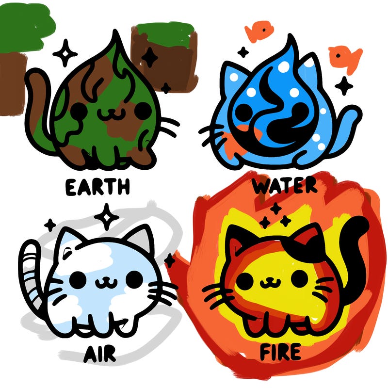 4 cats that represent the different elements, earth, water, air, and fire