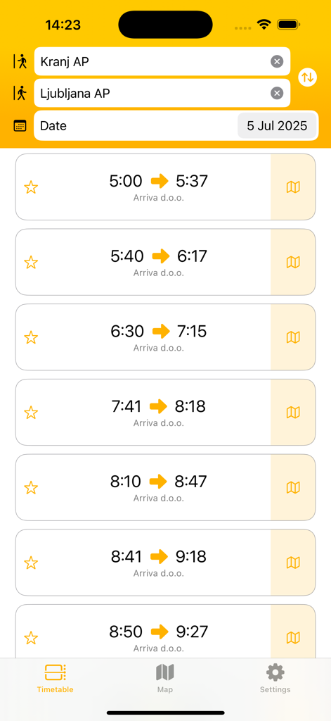 Busfahrplan mit Abfahrts- und Ankunftszeiten von Kranj nach Ljubljana in der Slo-Motion-App.