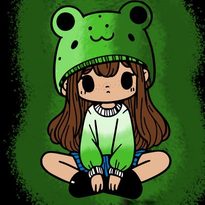 a girl wearing a frog hat and some frog socks