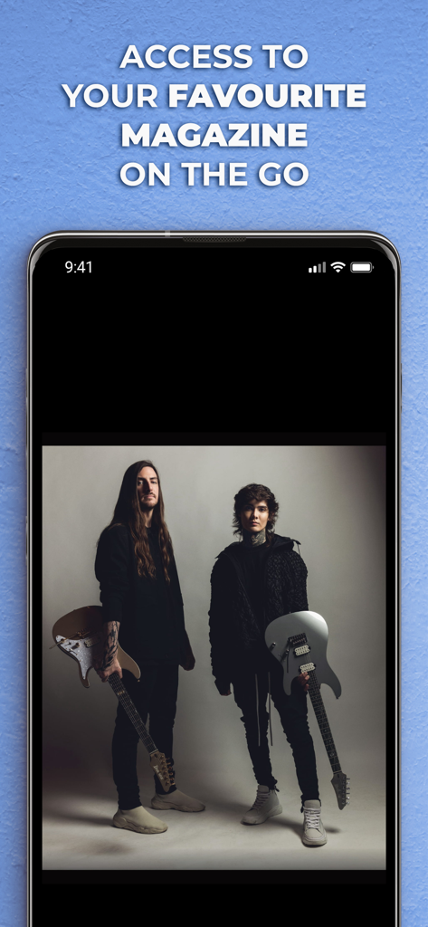 Guitar World Magazine - Guitar World Magazineアプリが2人のロックギタリストと共に表示されているスマートフォンの画面