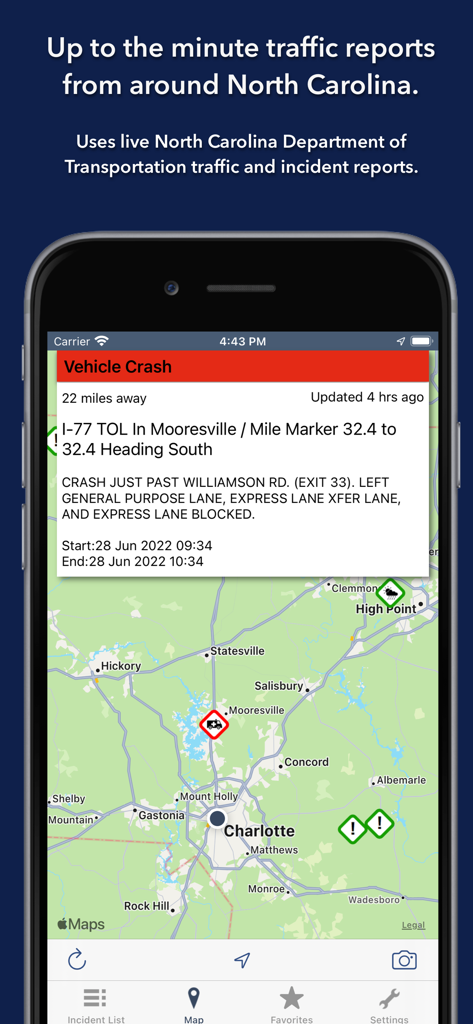 Screenshot of the North Carolina Roads Traffic app showing a vehicle crash alert on a map near Charlotte