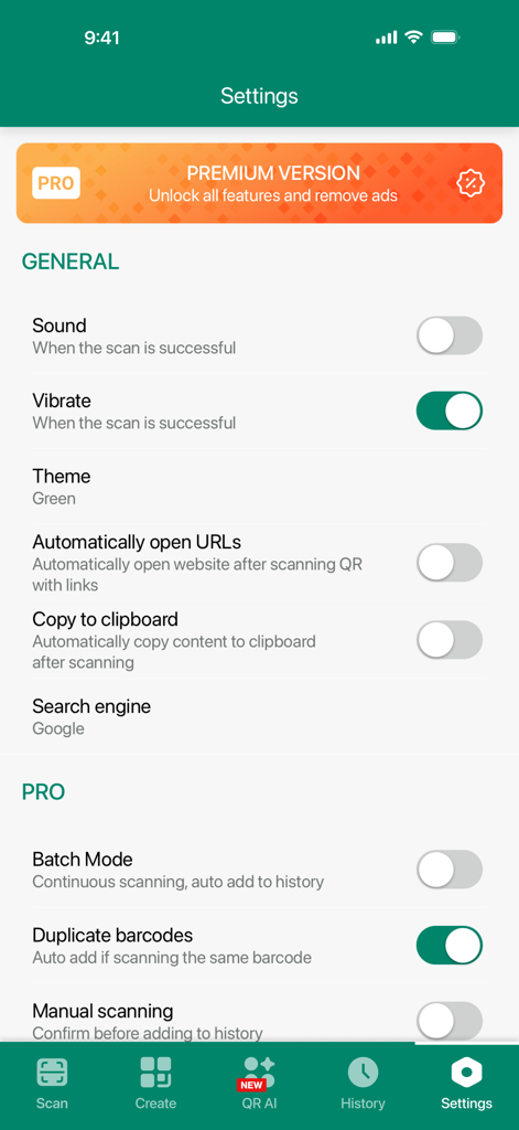La pantalla de configuración de la aplicación AI QR Code Scanner que muestra opciones de configuración general y profesional
