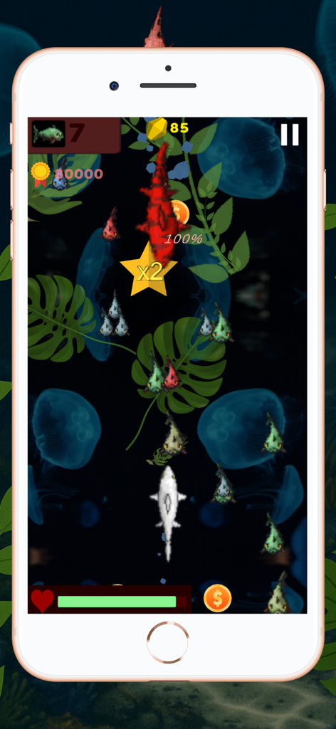 Shark World arcade game gameplay showing a shark swimming in an underwater arena with coins and jellyfish