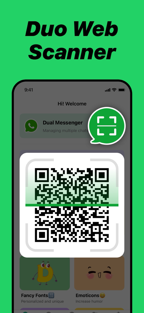 Watsapp Deleted Message Backup - Screenshot of the Duo Web Scanner feature showing a QR code for linking messenger accounts on a mobile app
