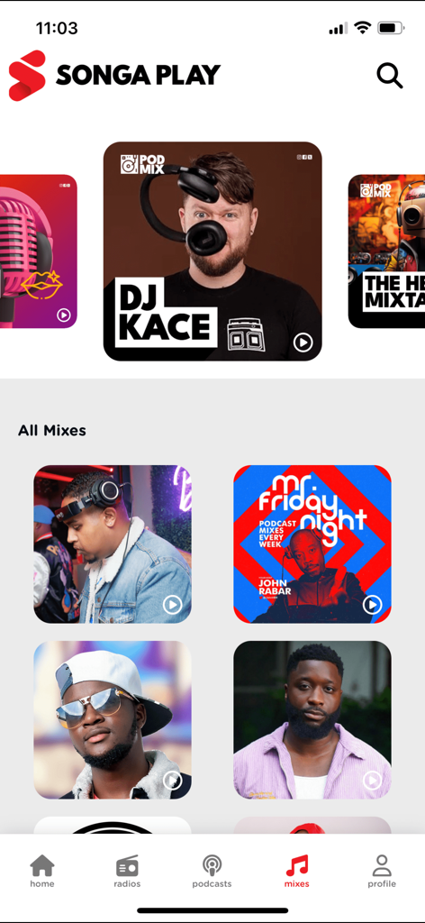 Songa Play - Songa Play app interface showing a grid of music and podcast mixes