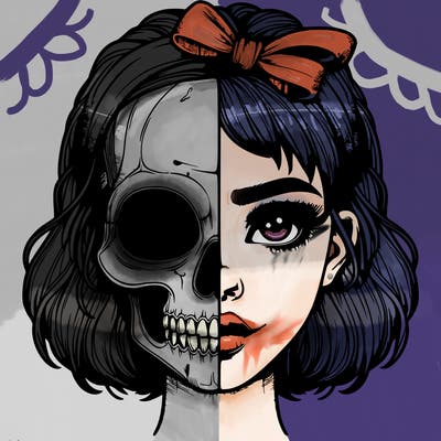 realistic girl with half skull mask