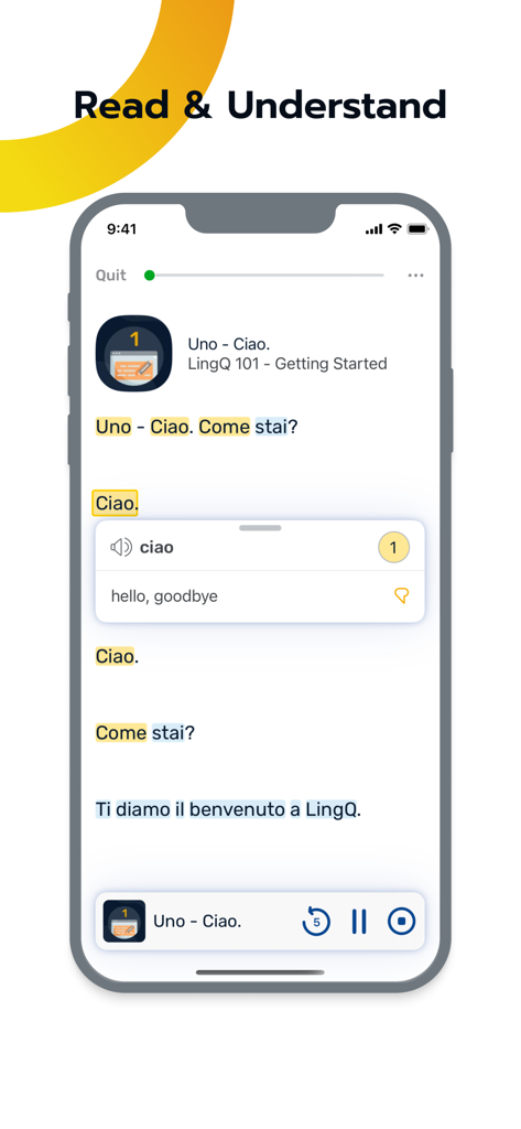 Interfaccia di lettura dell'app LingQ che mostra una lezione di lingua con un popup di traduzione di parole e controlli audio.