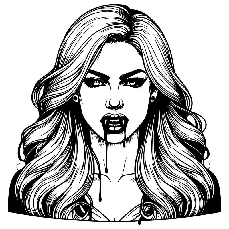 realistic vampire woman with bleeding fangs