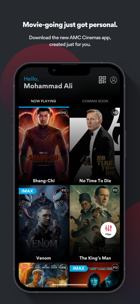 AMC Cinemas KSA - AMC Cinemas KSA app interface showing now playing movies like Shang-Chi and No Time To Die on an iPhone screen.
