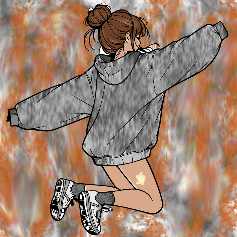 realistic girl jumping with a bun and oversized sweatshirt
