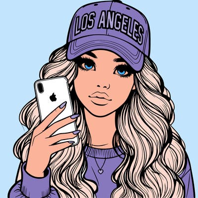 realistic beautiful girl wearing los ángeles cap holding an iphone