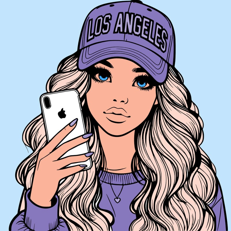realistic beautiful girl wearing los ángeles cap holding an iphone