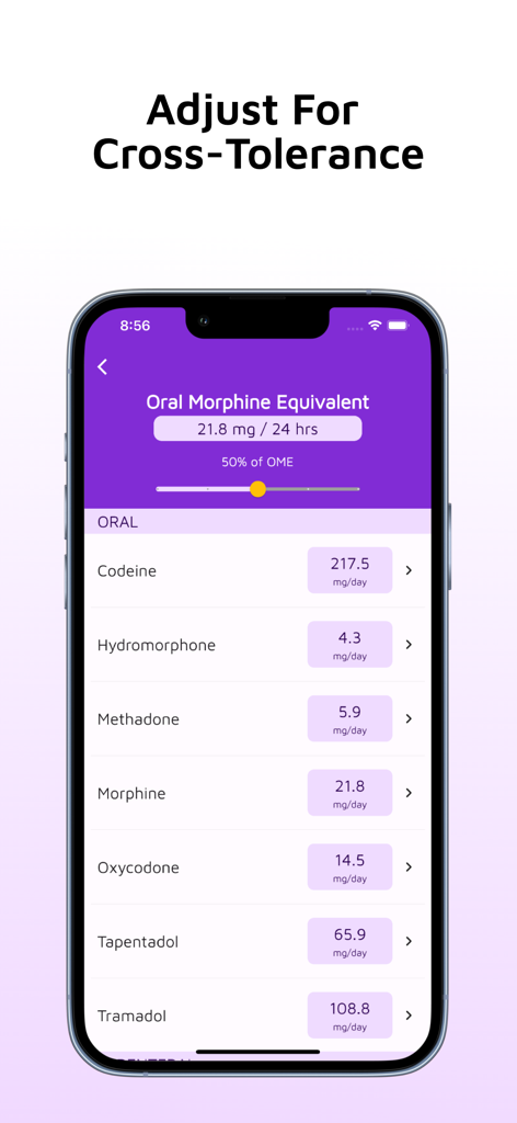 Interface do aplicativo Calculadora de Conversão de Opioides mostrando ajuste de tolerância cruzada e uma lista de dosagens de medicamentos orais.