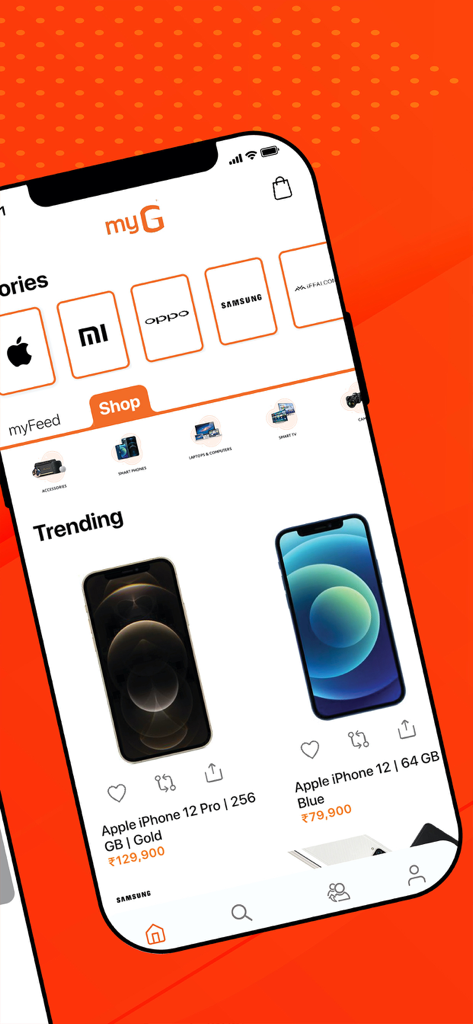 myG Online - Smartphone screen displaying the myG Online shopping app with trending iPhone models and electronics brands