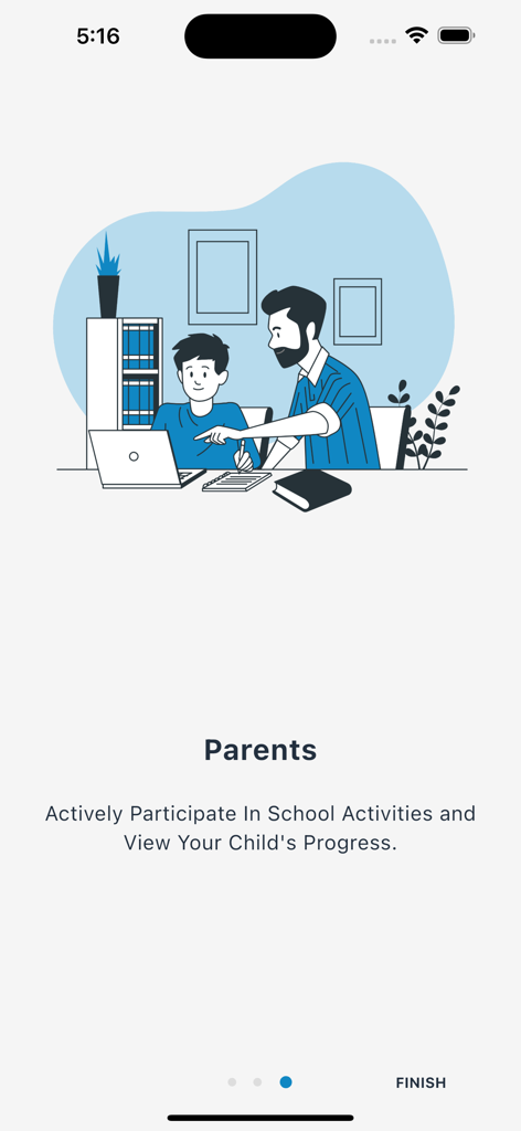 OpenEduCat - Educational ERP - Pantalla de incorporación a la app OpenEduCat para padres, mostrando funciones de seguimiento del progreso del estudiante
