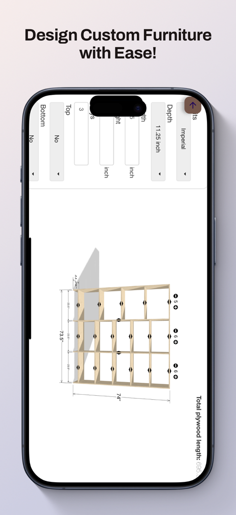 TimberTinker - Mobile app interface of TimberTinker showing a 3D visualization and measurement tool for custom woodworking furniture projects