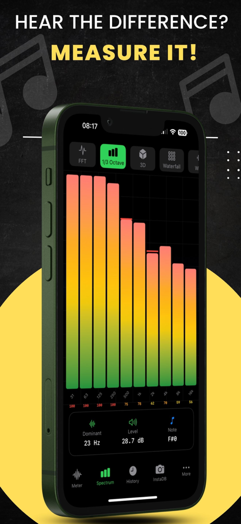 Decibel X PRO app interface showing 1/3 octave spectrum analyzer with colorful frequency bars and sound level metrics