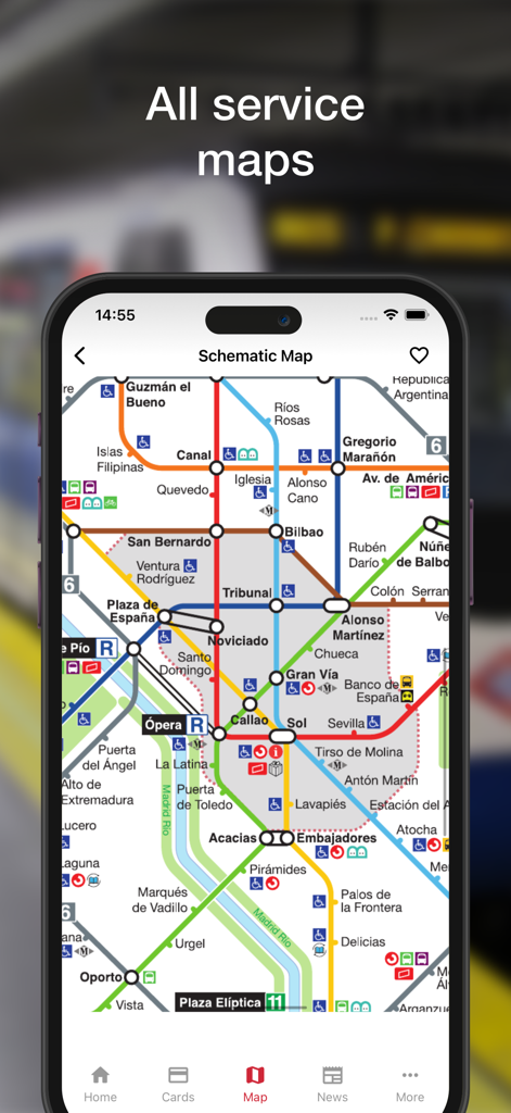 Schematic map of the Madrid Metro system in the Madrid Transport app