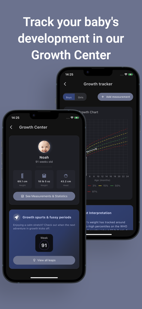 Mobile app interface showing a baby growth center with height weight and development charts