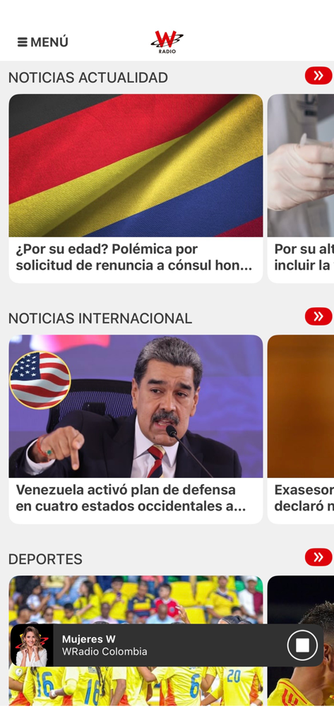 WRadio Colombia para iPhone - Interfaz de la aplicación móvil de W Radio Colombia que muestra las últimas noticias y categorías deportivas