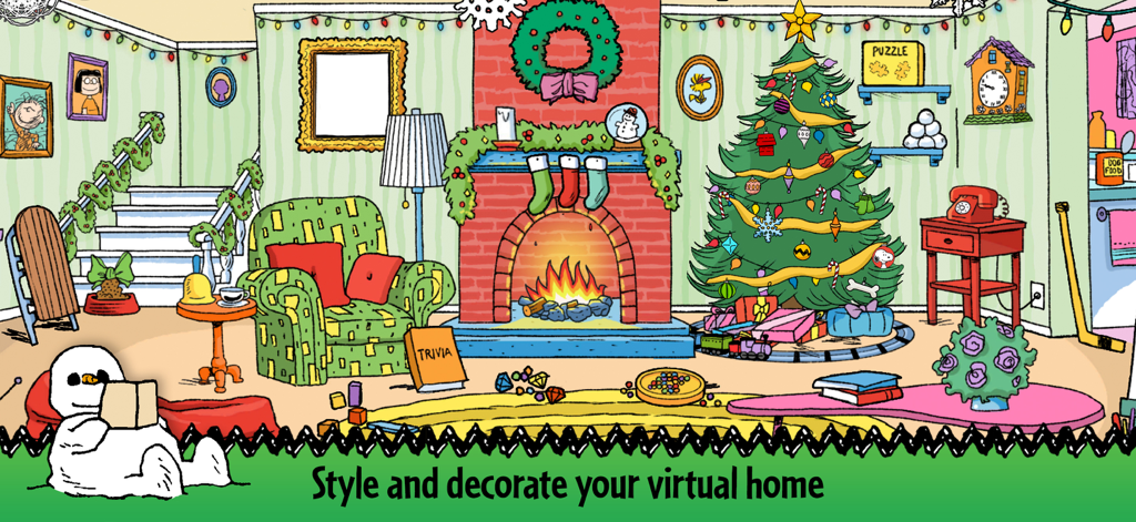 Peanuts Advent Calendar 2025 - A cozy virtual living room decorated with Peanuts Christmas themes, a festive tree, and a fireplace.