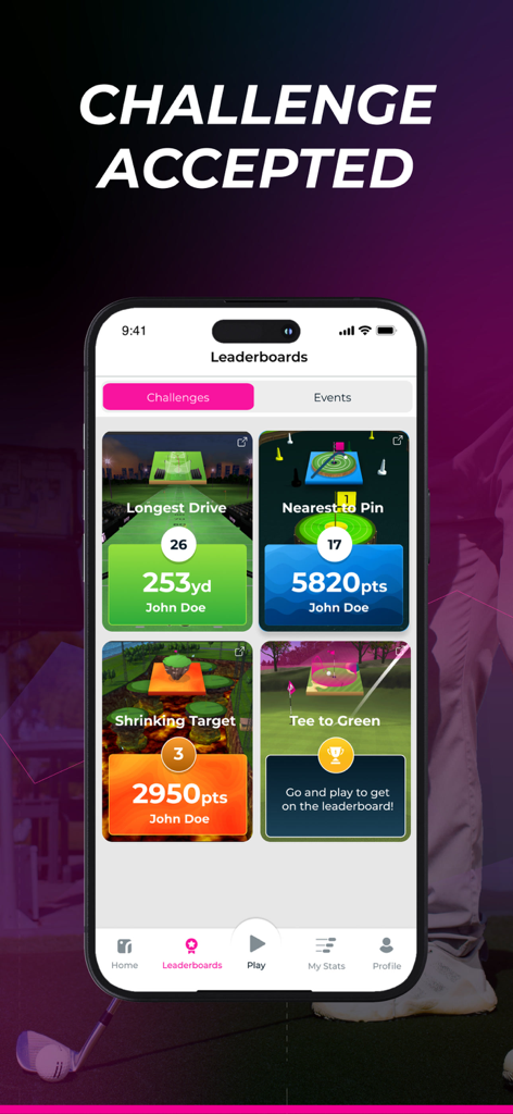 Écran du classement de l'application Inrange affichant divers défis de compétences de golf comme le plus long drive et le plus près du trou