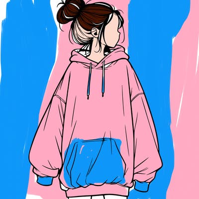 realistic girl with a oversized sweatshirt on and a bun