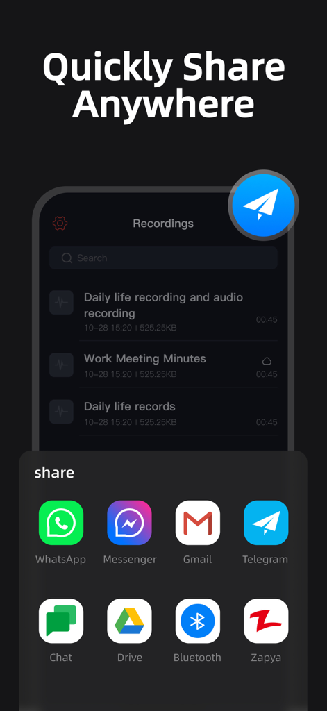 Voice Recorder - Transcript - Interfaz de aplicación móvil que muestra opciones para compartir grabaciones de voz a través de varias plataformas