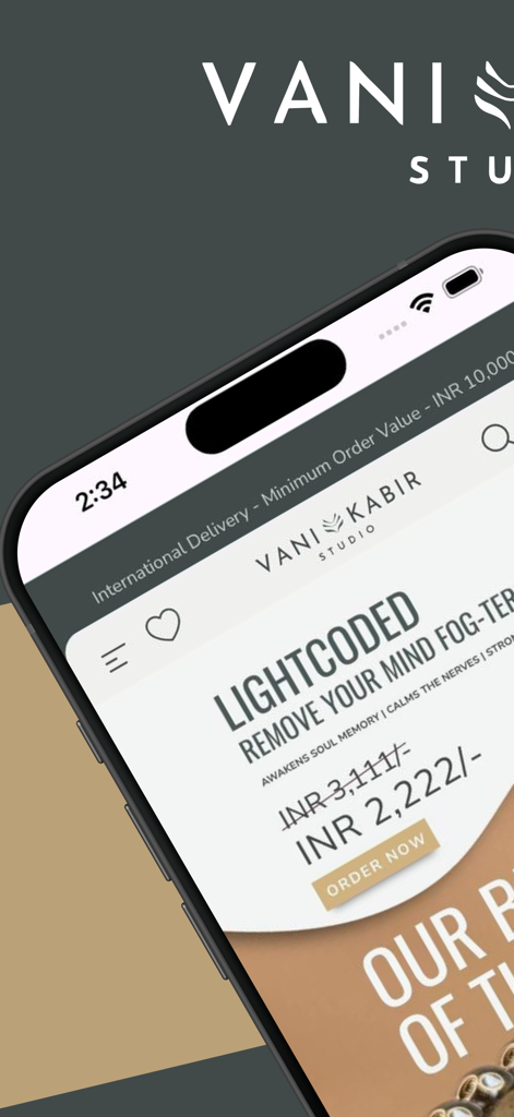 VANI KABIR STUDIO - Mobile app interface of Vani Kabir Studio featuring spiritual products and crystals for mental clarity