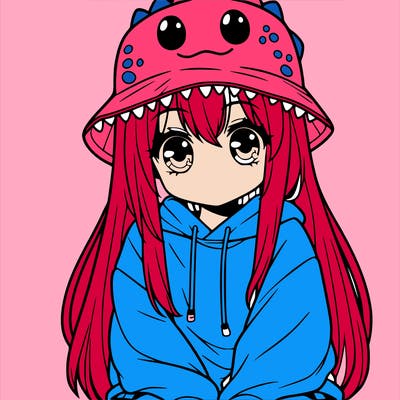 girl with anime shaped eyes with a dinosaur bucket hat oversized sweatshirt long straight hair
