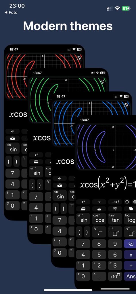 Quatre écrans superposés de l'application CalcMe Calculatrice présentant différents thèmes de couleurs modernes pour les graphiques sur une interface utilisateur sombre.