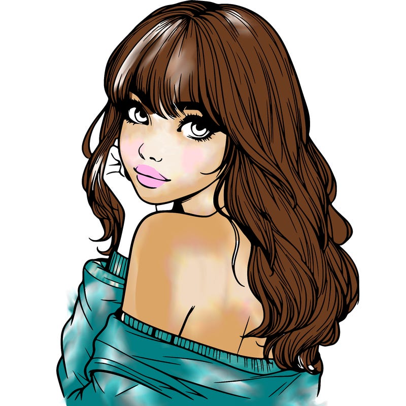 realistic girl with bangs looking over her shoulder