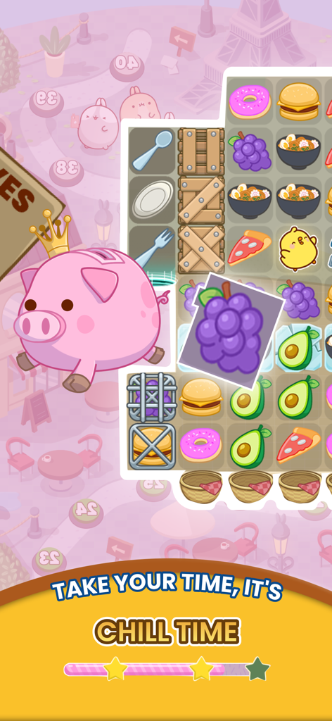 Molang Match'n Munch - A match-3 puzzle level from Molang Match'n Munch featuring food icons and a cute pink piggy bank.