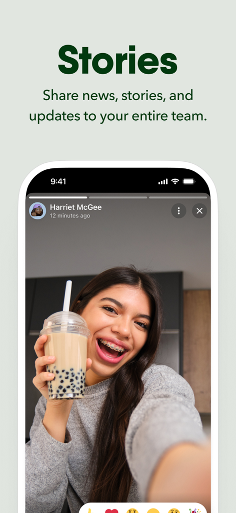 A screenshot of the Blink frontline app showing the Stories feature with a user sharing a photo update.