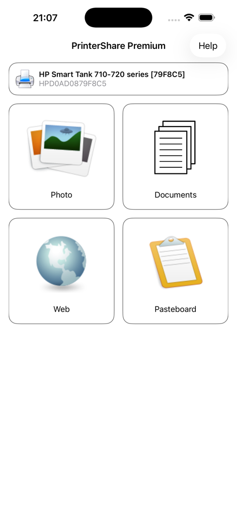 PrinterShare Premium - PrinterShare Premiumアプリのインターフェース。写真、ドキュメント、ウェブページ、クリップボードコンテンツを印刷するオプションが表示されます。