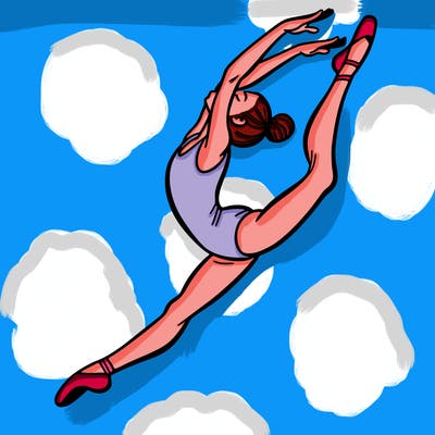 gymnast doing a leap in a leotard with a bent back leg