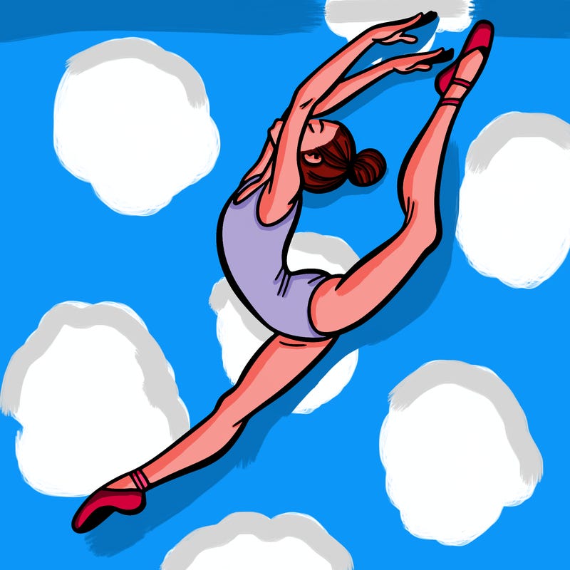gymnast doing a leap in a leotard with a bent back leg