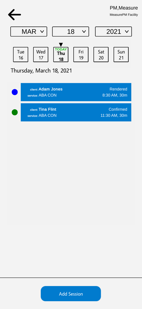 Interfaz de la aplicación móvil MeasurePM que muestra un horario diario de citas de terapia ABA con nombres de clientes y horarios de sesiones.