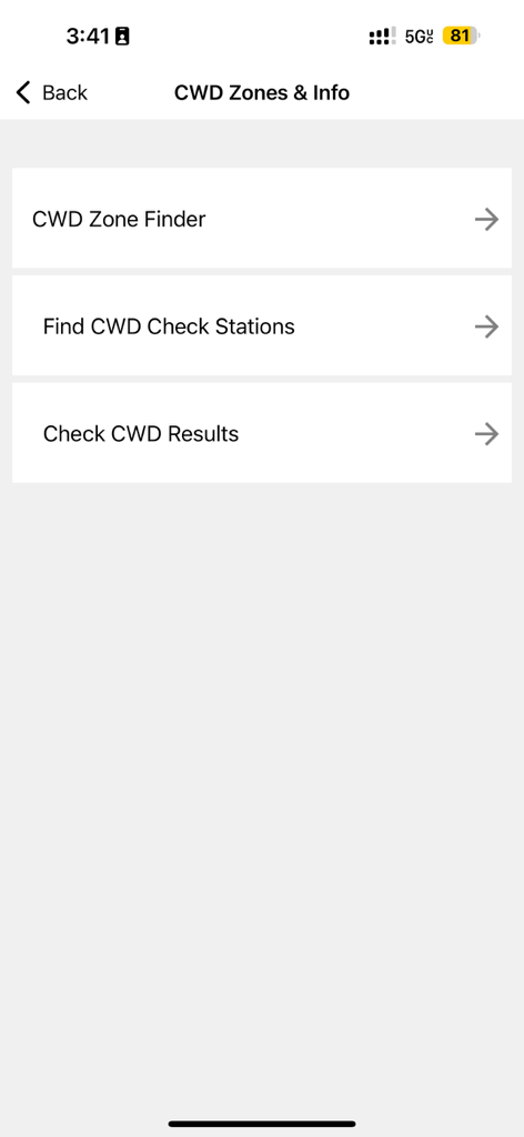 The CWD Zones and Info screen of the Texas Hunt and Fish app showing options for Zone Finder and Check Stations.
