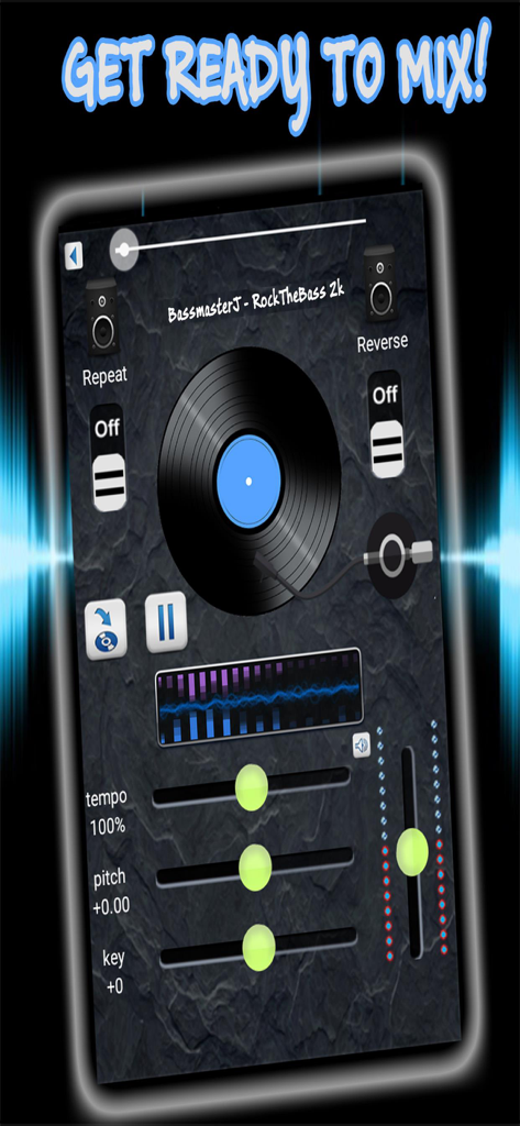 DJ Remixer & Music Player - Interface de l'application DJ Remixer montrant une platine virtuelle avec des curseurs pour les contrôles de tempo, de hauteur et de tonalité