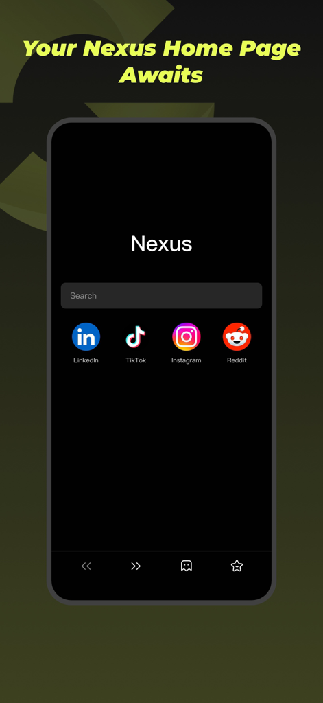 Nexus-Privacy First - Interfaz de la página de inicio del navegador privado Nexus que muestra una barra de búsqueda e iconos de acceso rápido a redes sociales.