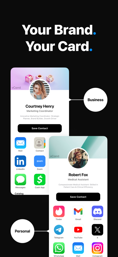 vCarrd app screen displaying professional and personal digital business card profiles with various social and contact links